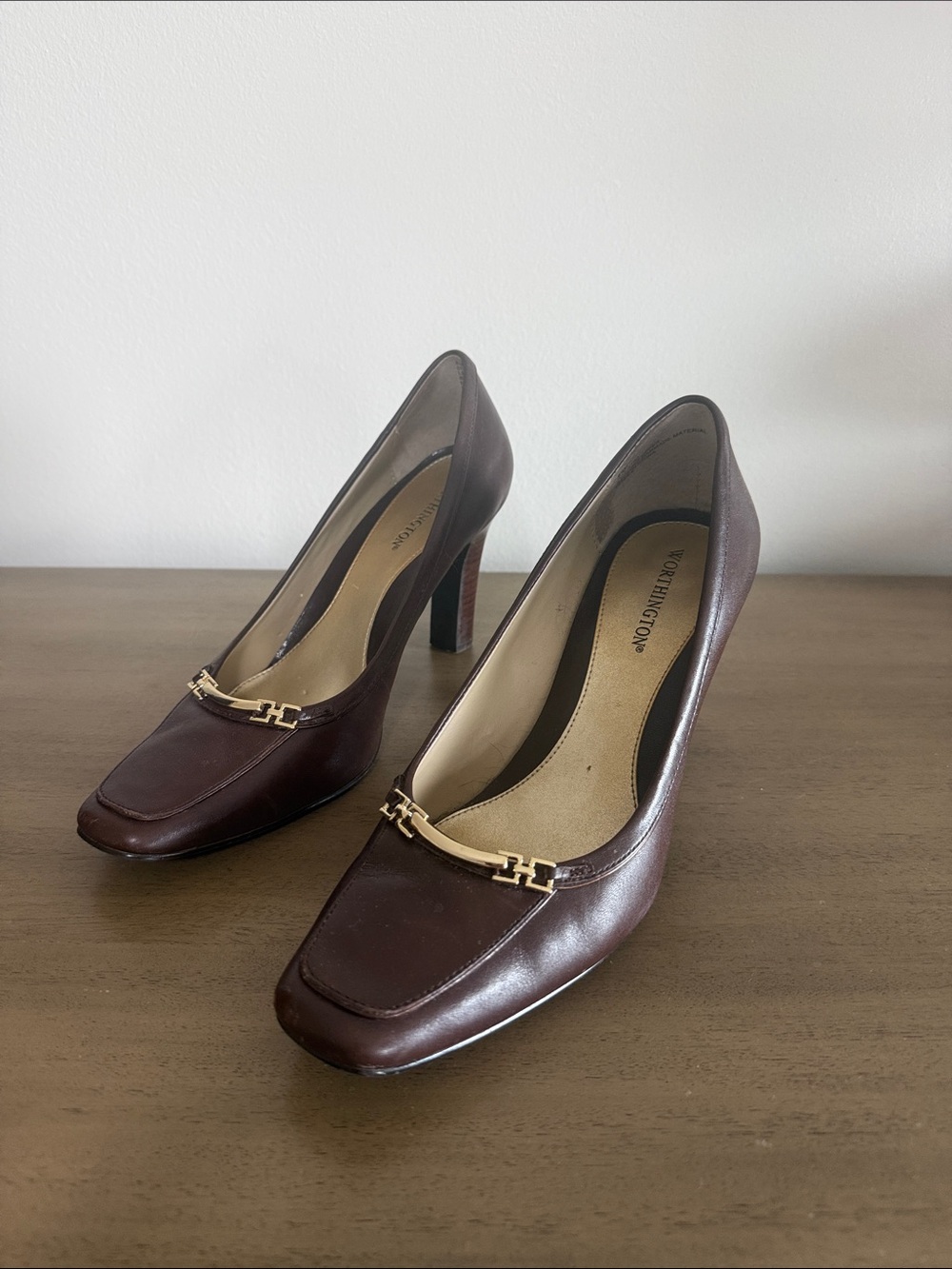 Worthington Dark Brown Leather Mid Heel Pumps with Gold Bar Accent